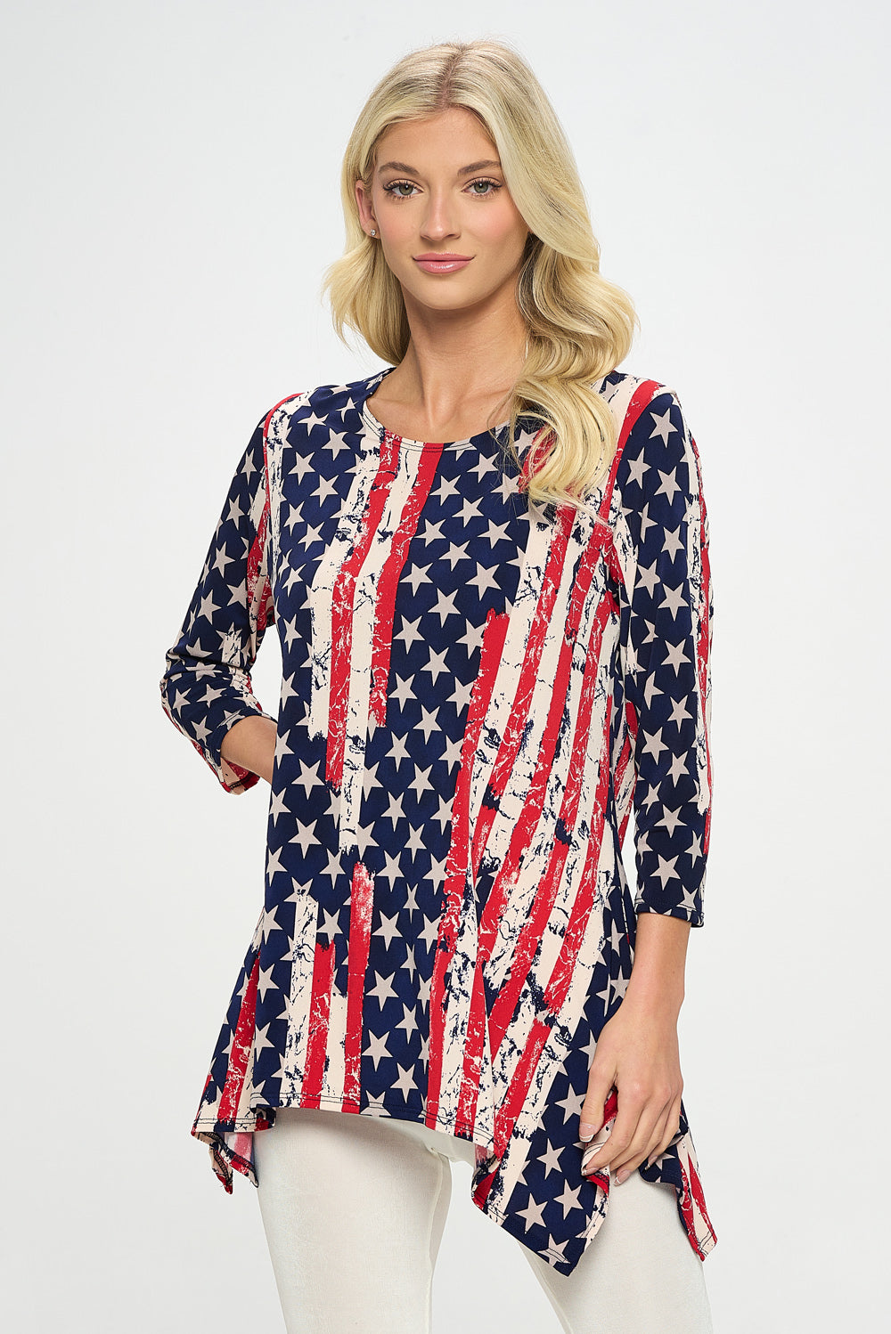 Americana Print Handkerchief Hem Top-3088HT-QRP1-W297