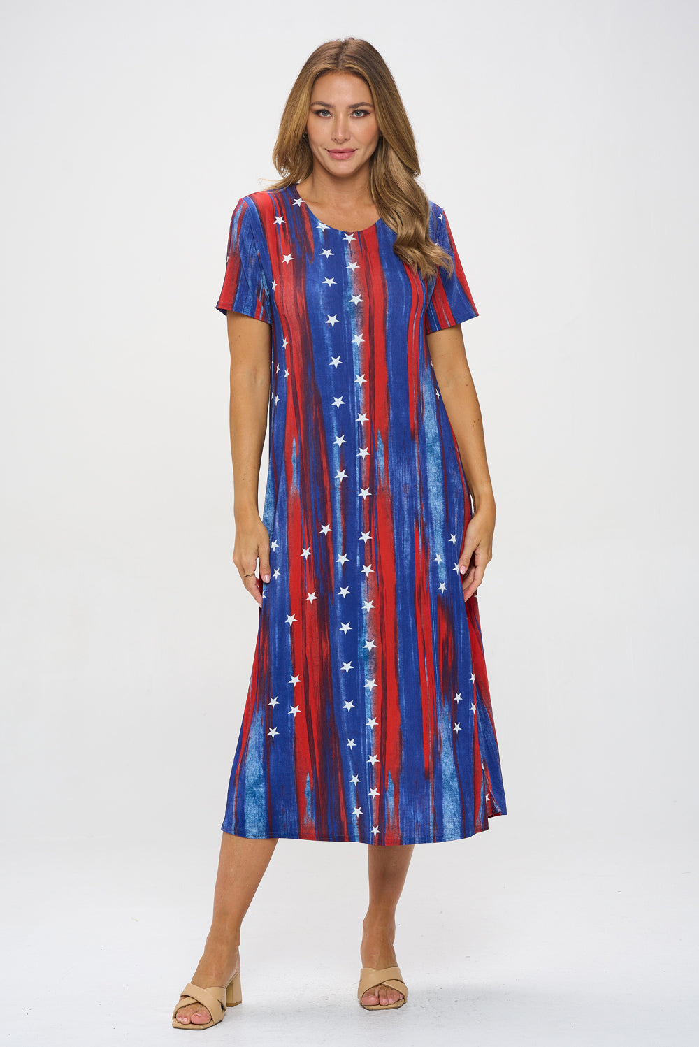 American Print Long Dress Short Sleeve -7002BN-SRD1-D005