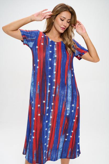 American Print Long Dress Short Sleeve -7002BN-SRD1-D005