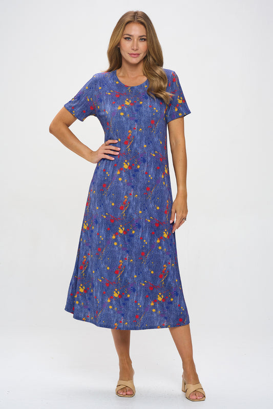 Colorful Splatter Chic Dress Long Dress Short Sleeve -7002BN-SRD1-D006