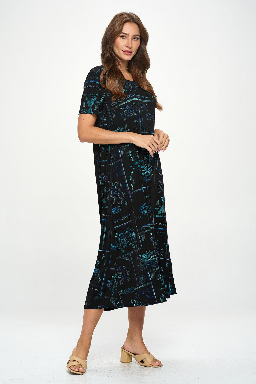 Stretchy Long Dress Short Sleeve Print-7002BN-SRP1-W401