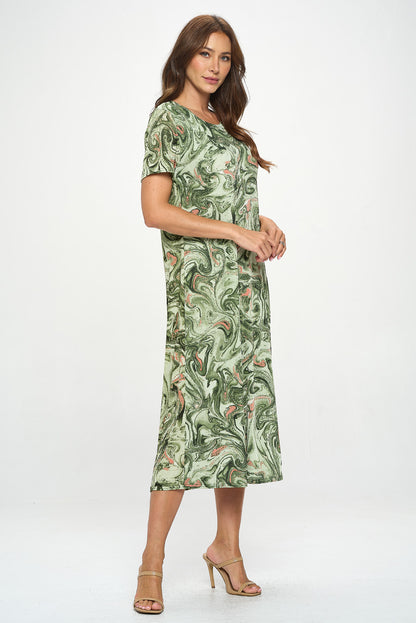 Plus Size Print  Long Dress Short Sleeve - 7002BN-SXP1-W404