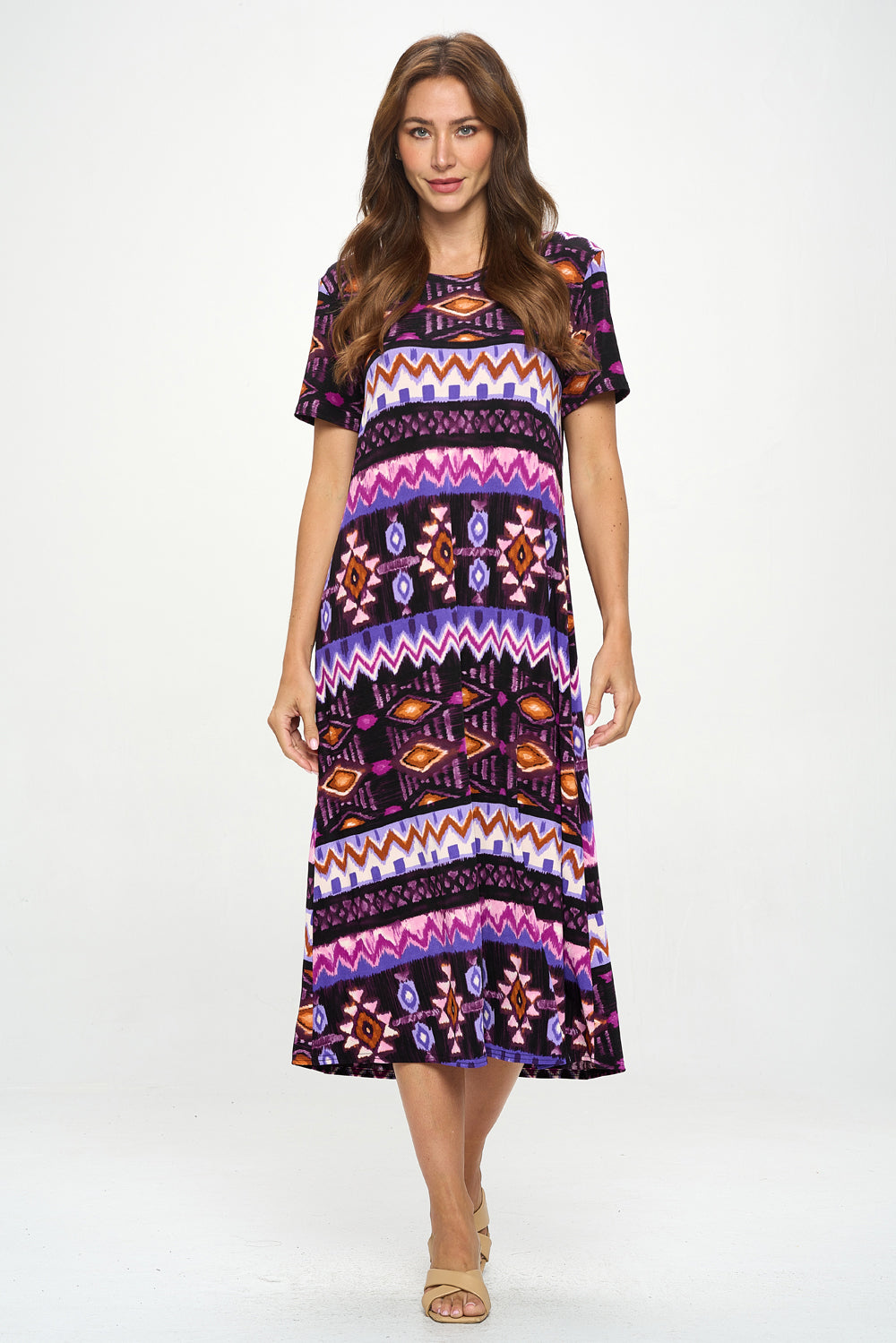 Stretchy Long Dress Short Sleeve Print-7002BN-SRP1-W407