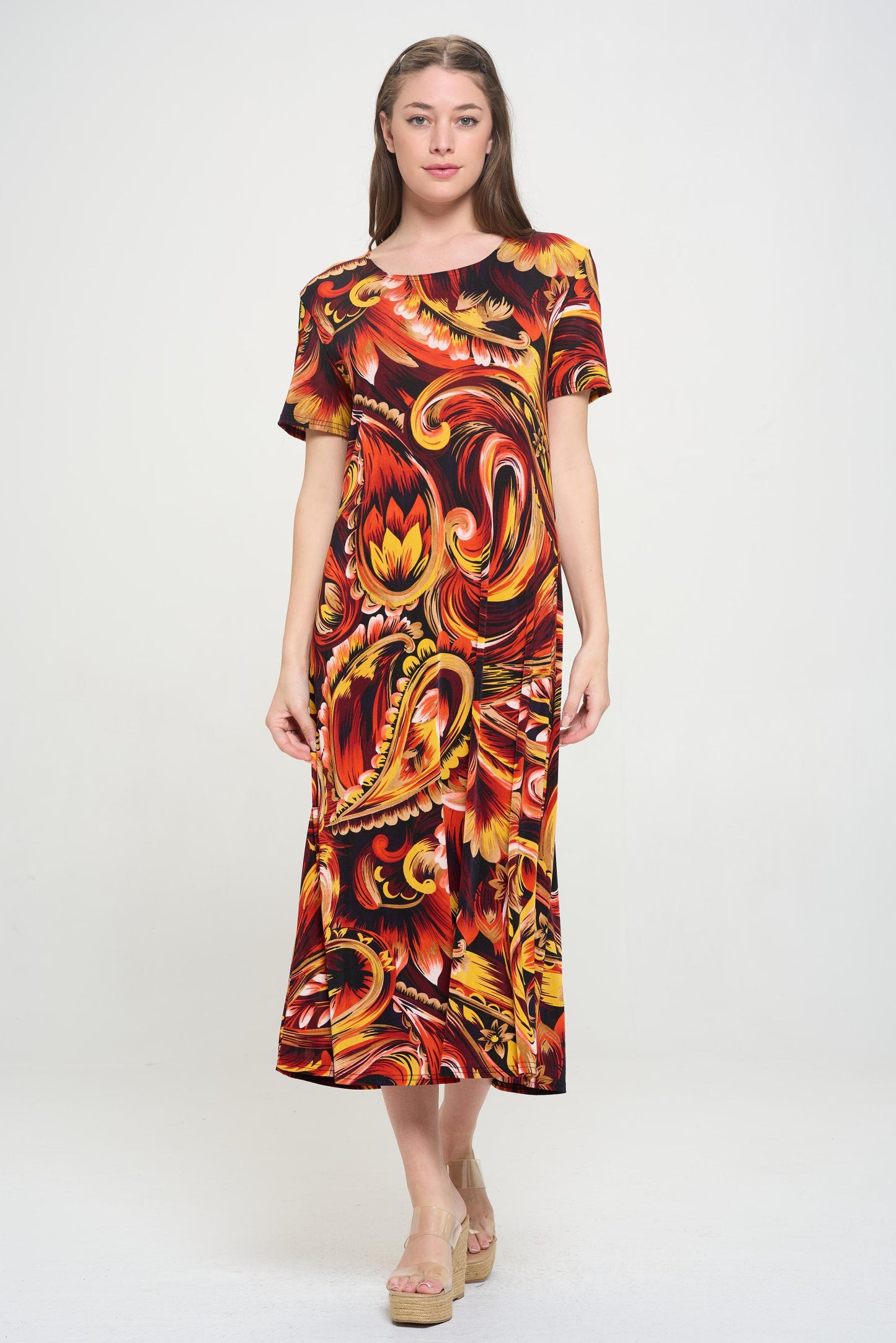 Plus Size Print  Long Dress Short Sleeve - 7002BN-SXP1-W435