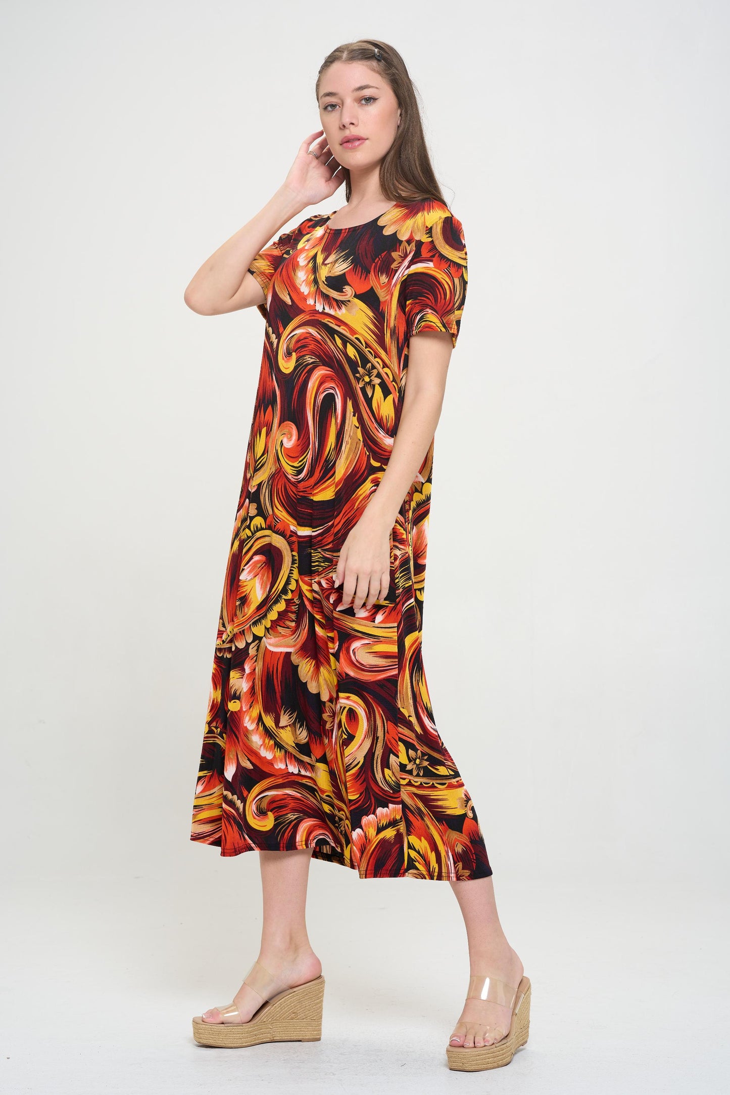 Print Long Dress Short Sleeve -7002BN-SRP1-W435