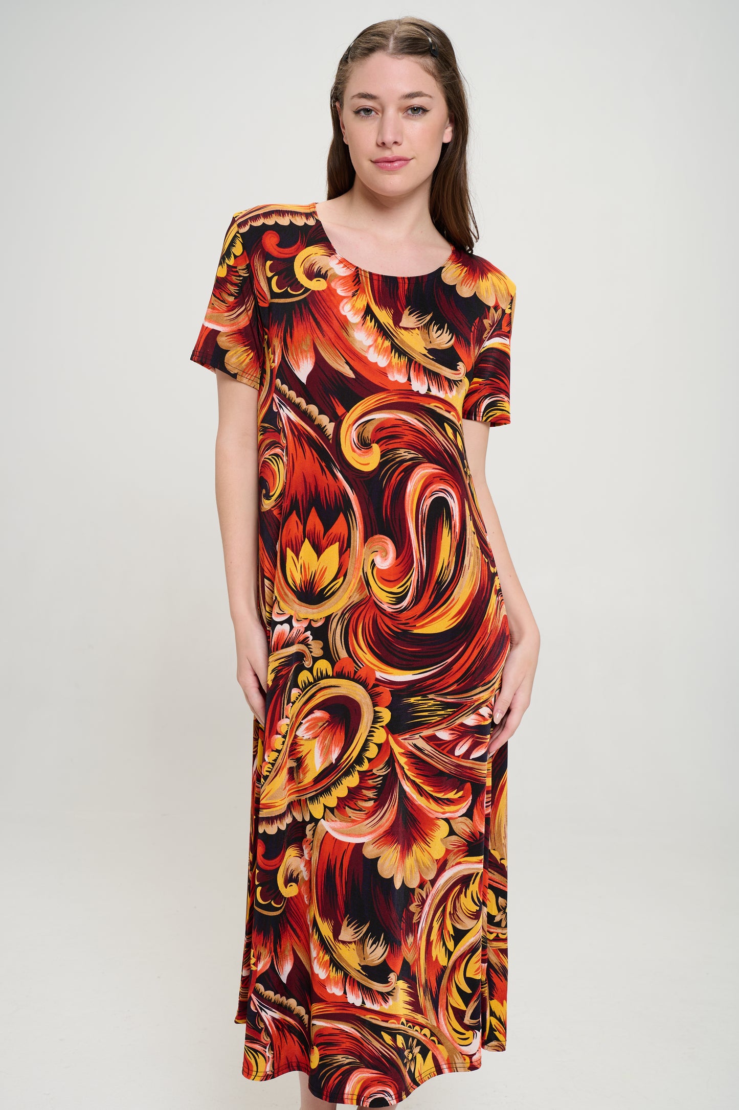 Plus Size Print  Long Dress Short Sleeve - 7002BN-SXP1-W435