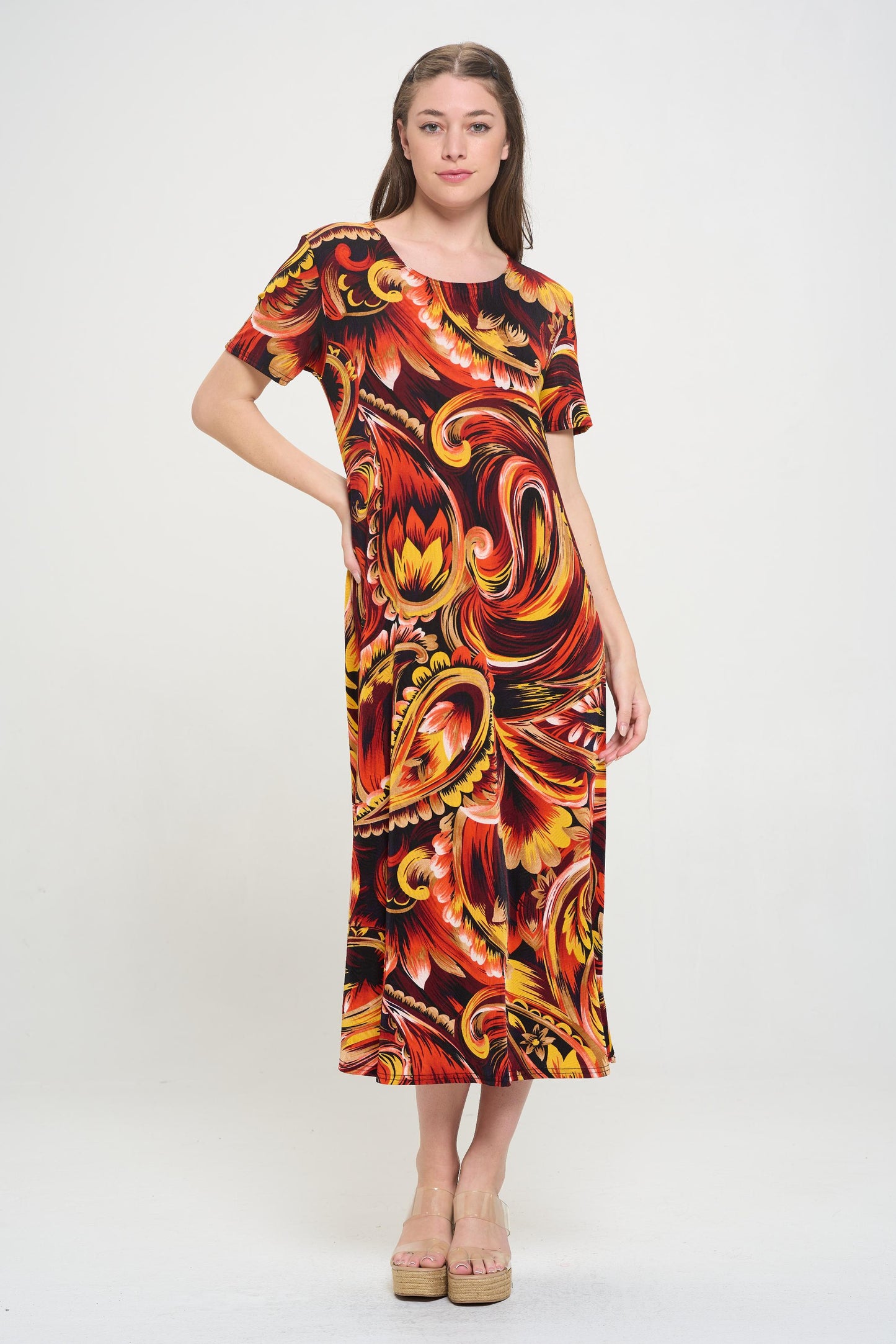 Plus Size Print  Long Dress Short Sleeve - 7002BN-SXP1-W435