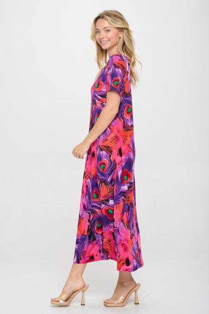 Plus Size Print  Long Dress Short Sleeve - 7002BN-SXP1-W438