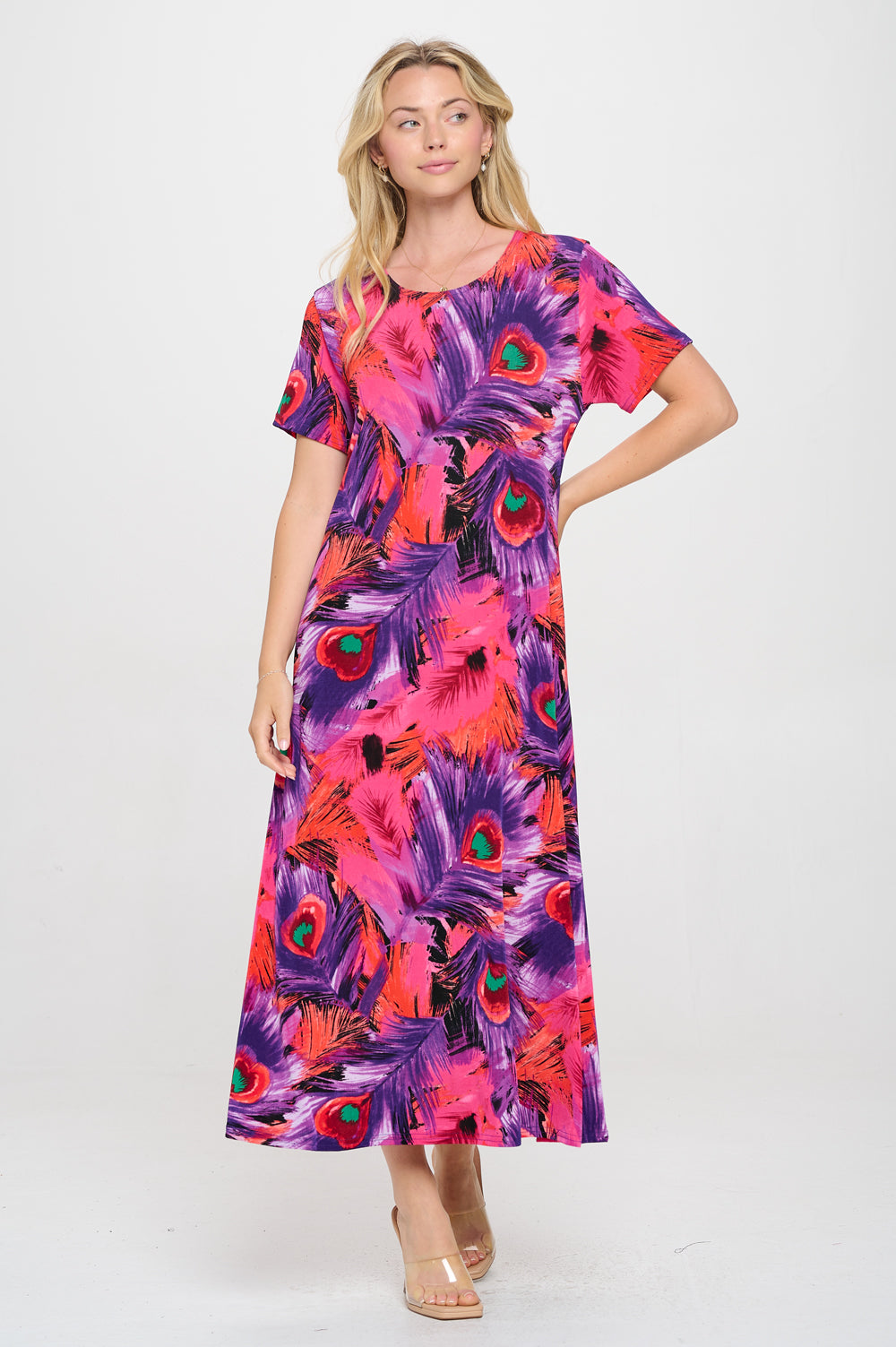 Plus Size Print  Long Dress Short Sleeve - 7002BN-SXP1-W438