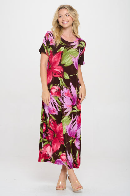 Plus Size Print  Long Dress Short Sleeve - 7002BN-SXP1-W442