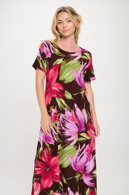 Plus Size Print  Long Dress Short Sleeve - 7002BN-SXP1-W442