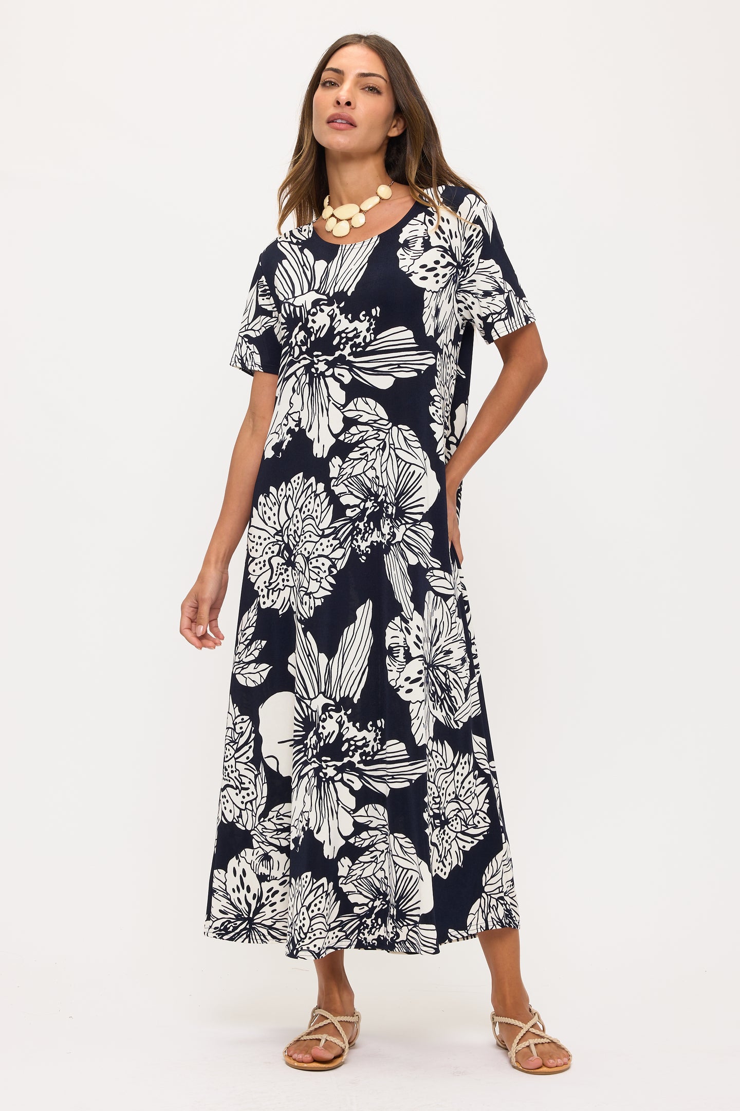 Print Long Dress Short Sleeve -7002BN-SRP1-W498