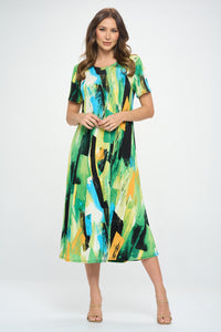 Plus Size Print  Long Dress Short Sleeve - 7002BN-SXP1-W379