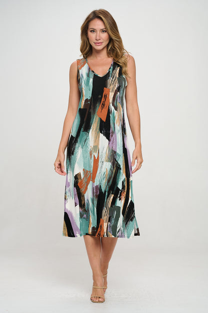 BNS  V-Neck Midi Tank Dress with Side Slit-7080BN-TRP1-W379