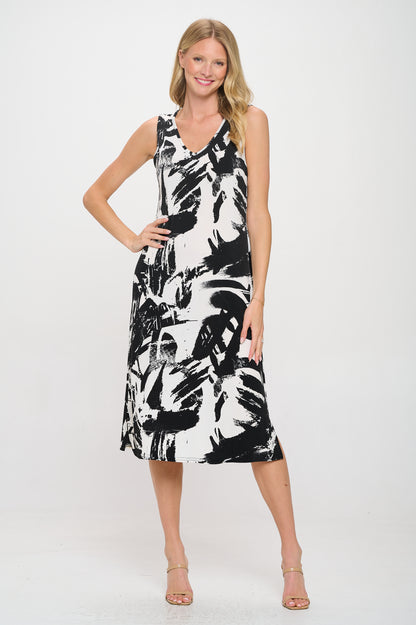 HIT V-Neck Midi Tank Dress with Side Slit-7080HT-TRP1-W403