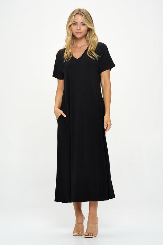 HIT V-Neck Long Dress W/Pocket-7085HT-SRS1-K