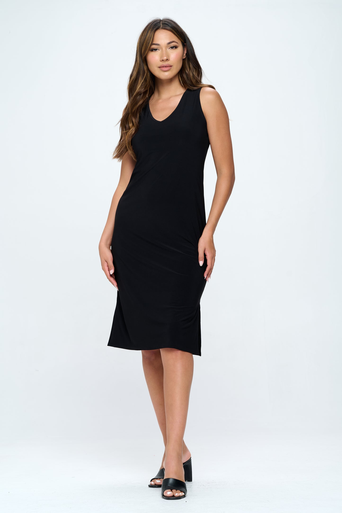 HIT V-Neck Midi Tank Dress with Side Slit-7080HT-TRS1