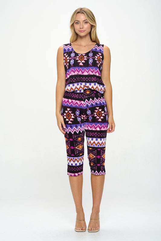 Plus Size Print Sleeveless Capri Pant Set-9002BN-TXP-W407