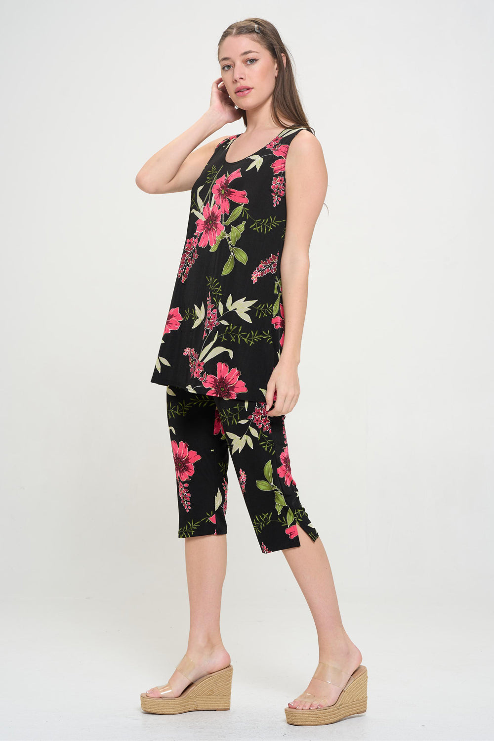 Plus Size Print Sleeveless Capri Pant Set-9002BN-TXP-W431