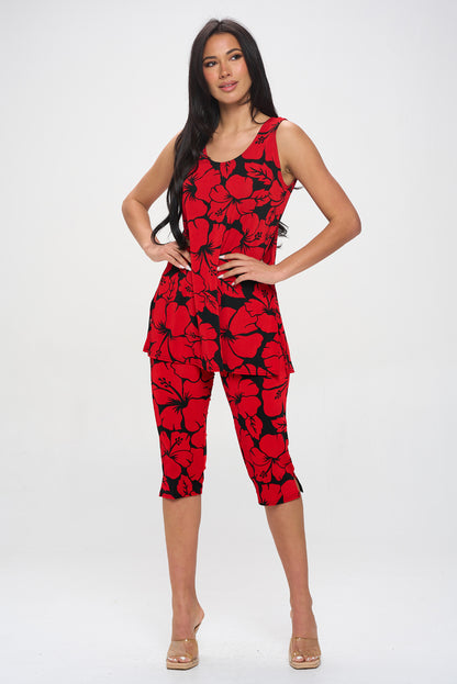 Plus Size Print Sleeveless Capri Pant Set-9002BN-TXP-W432