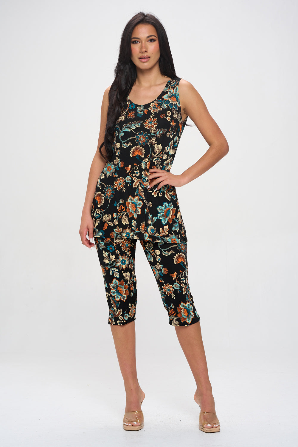 Plus Size Print Sleeveless Capri Pant Set-9002BN-TXP-W434