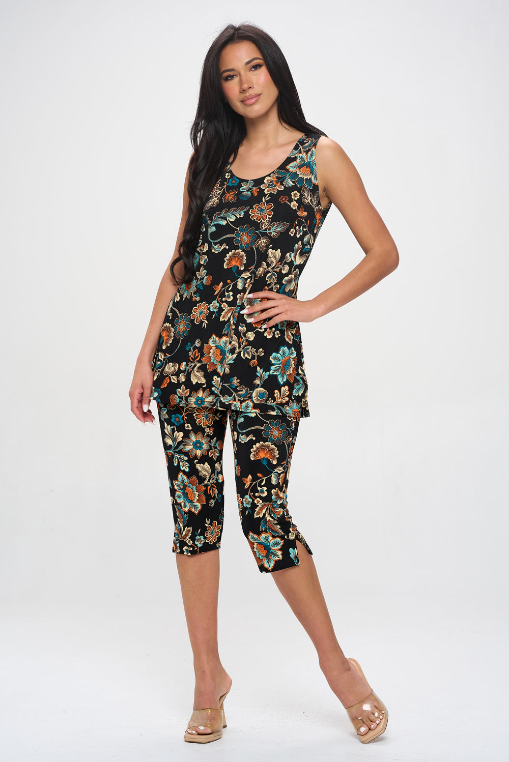 Plus Size Print Sleeveless Capri Pant Set-9002BN-TXP-W434