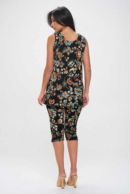 Plus Size Print Sleeveless Capri Pant Set-9002BN-TXP-W434