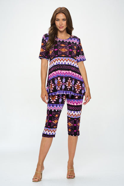 Plus Size Capri Pants Set Short Sleeve- 9003BN-SXP1-W407