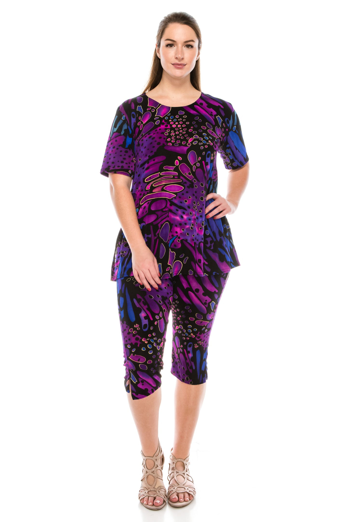 Stretchy Capri Pant Set Short Sleeve Print-9003BN-SRP1-W207