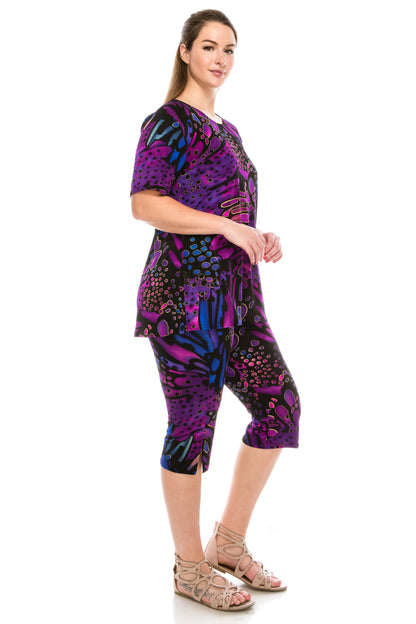 Stretchy Capri Pant Set Short Sleeve Print-9003BN-SRP1-W207