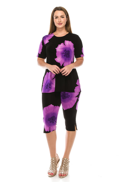 Plus Size Capri Pants Set Short Sleeve- 9003BN-SXP1-W113