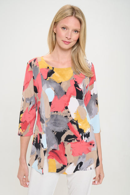 HIT Round Neck 3/4 Sleeve Slit Top-3079HT-QRP1-W430