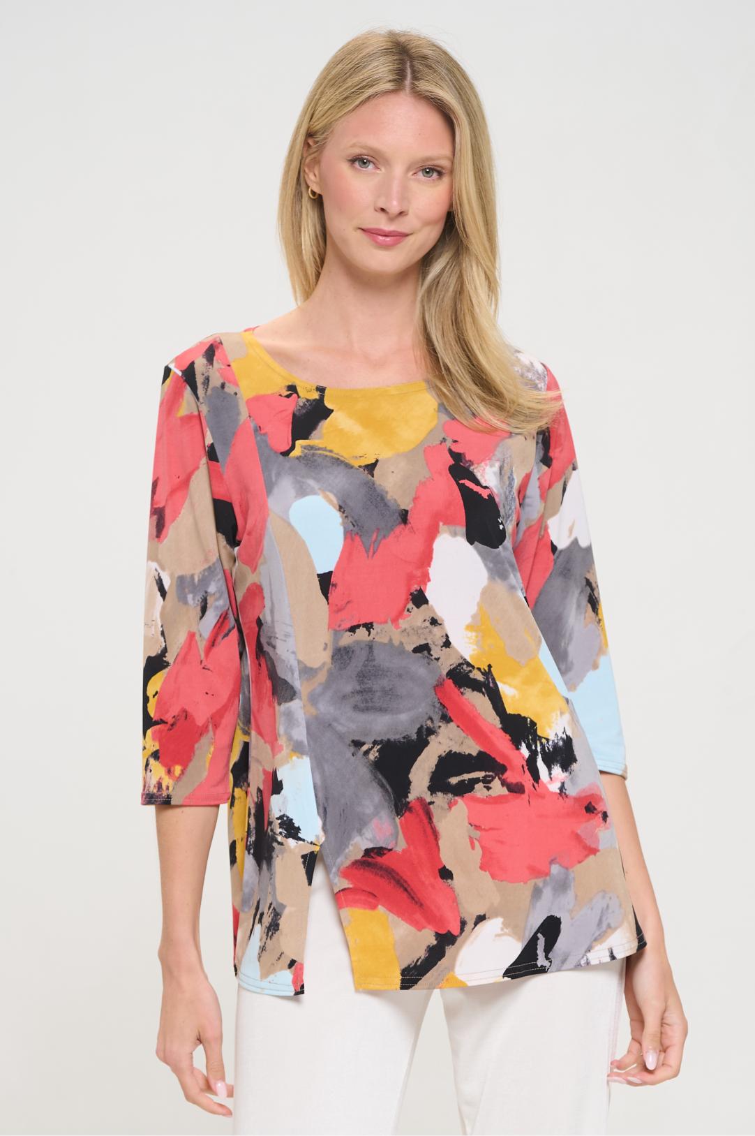 HIT Round Neck 3/4 Sleeve Slit Top-3079HT-QRP1-W430