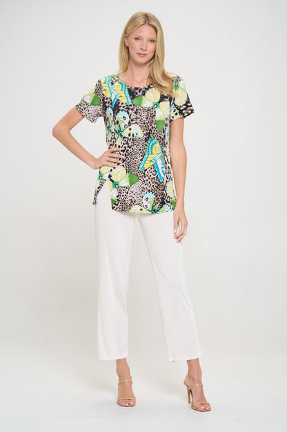 HIT Round Neck Short Sleeve Slit Top-3079HT-SRP1-W345