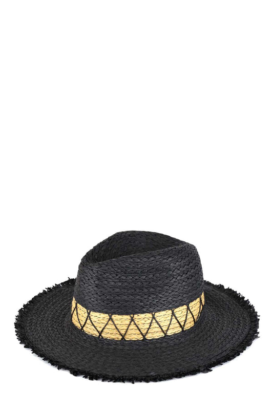 Chevron Band Frayed Two Tone Straw Sun hat