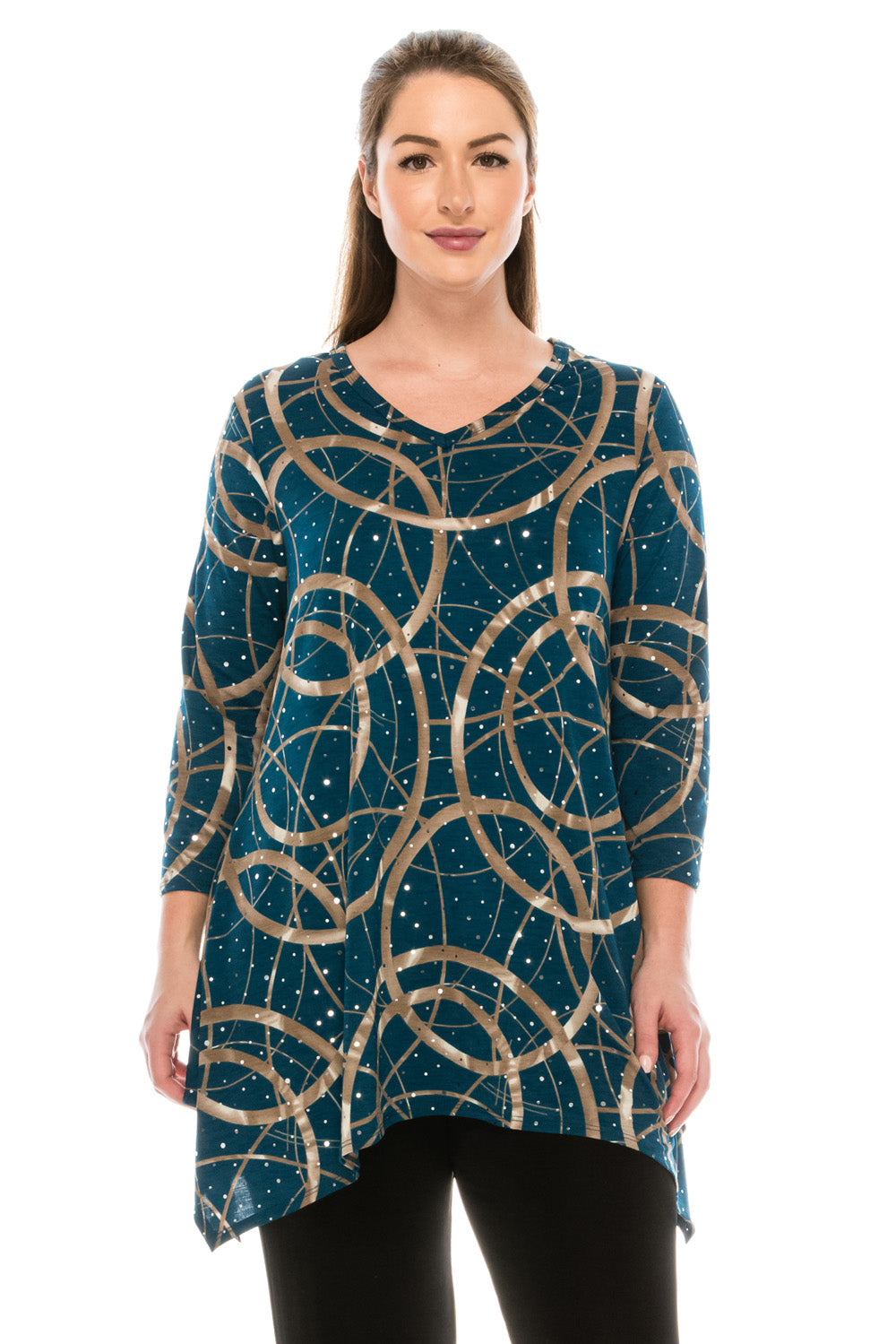 Jostar Women's Glitter V-Neck Binding Top 3/4 Sleeve Print, 313GL-QP-G008 - Jostar Online