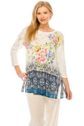 Jostar Women's HIT Round NK Band Tunic Top Quarter Sleeve Rhinestones, 345HT-QU-R-U183 - Jostar Online