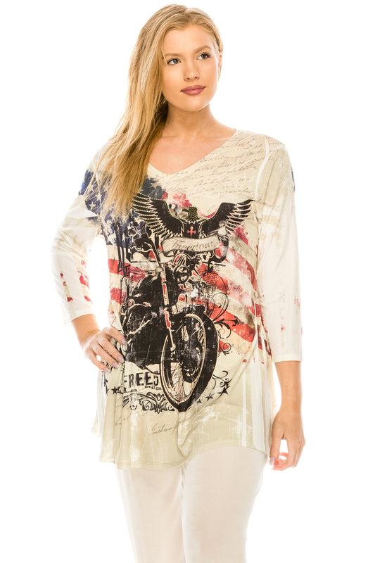 Women's HIT V-Nk Binding Tunic Top Quarter Sleeve Sublimation Plus, 347HT-QXU-R-U180