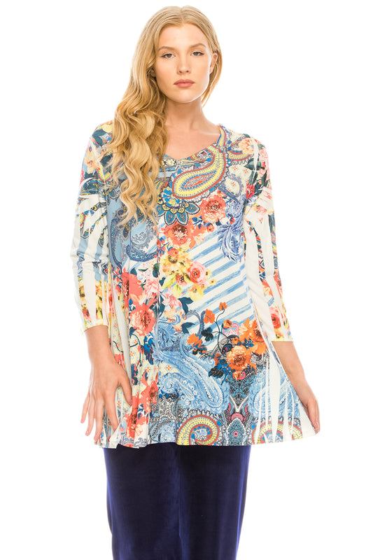 Jostar Women's V-Nk Binding Tunic Quarter Sleeve Rhinestones, 347HT-QU-R-U179 - Jostar Online