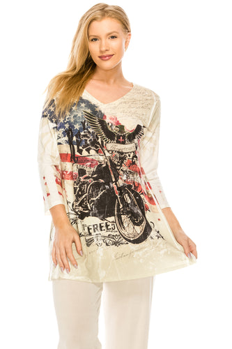 Jostar Women's V-Nk Binding Tunic Top Quarter Sleeve Rhinestones, 347HT-QU-R-U180 - Jostar Online