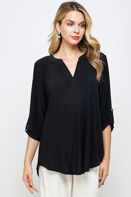 HIT Notch Neck Rolled Sleeve Top-359HT-QRS1