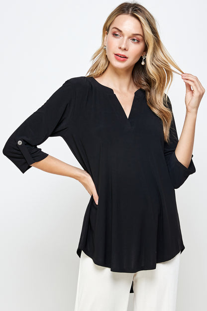 HIT Notch Neck Rolled Sleeve Top-3059HT-QRS1