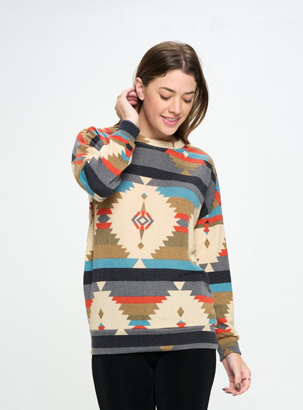 MIR Round Nk Long Sleeve W/ Pocket Top-372MU-LRP1-K-W351