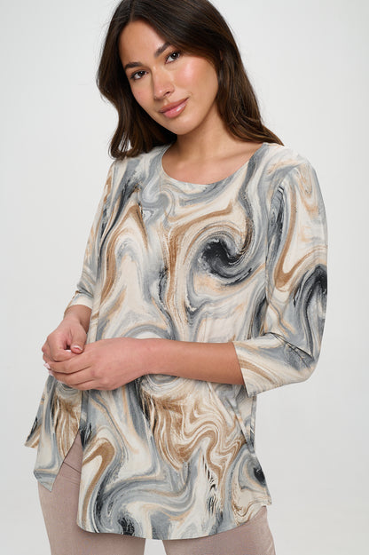 HIT Round Neck 3/4 Sleeve Slit Top-3079HT-QRP1-W330