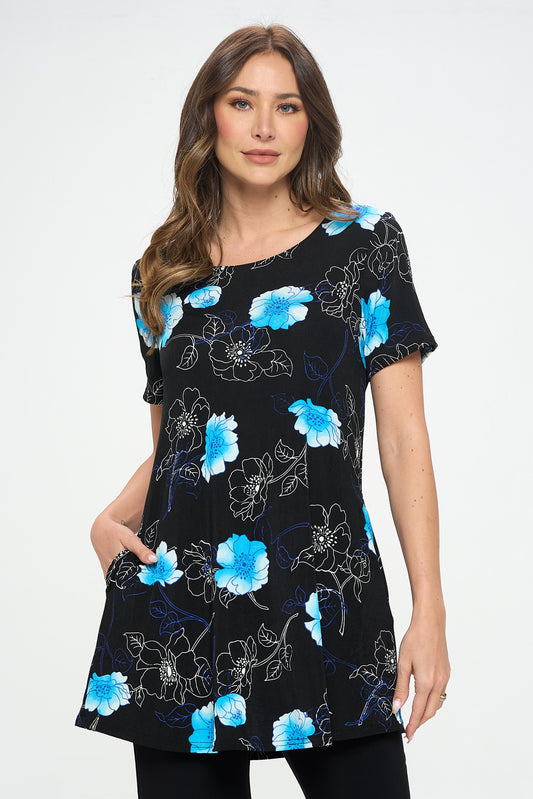 Floral Outline Print Short Sleeve Top with Side Seam Pockets-3086BN-SRP1-K-W380