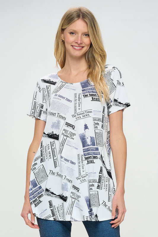 Newspaper Print Short Sleeve Top with Side Seam Pockets-3086BN-SRP1-K-W383