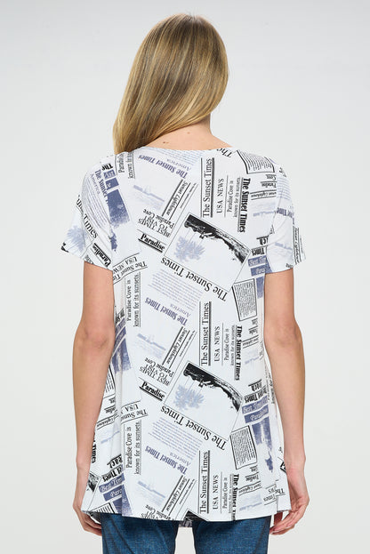 Newspaper Print Short Sleeve Top with Side Seam Pockets-3086BN-SRP1-K-W383