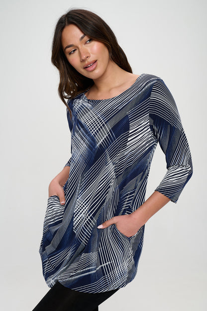 Navy Multi-Lines Print Quarter Sleeve Top with Side Seam Pockets-3086HT-QRP1-K-W260