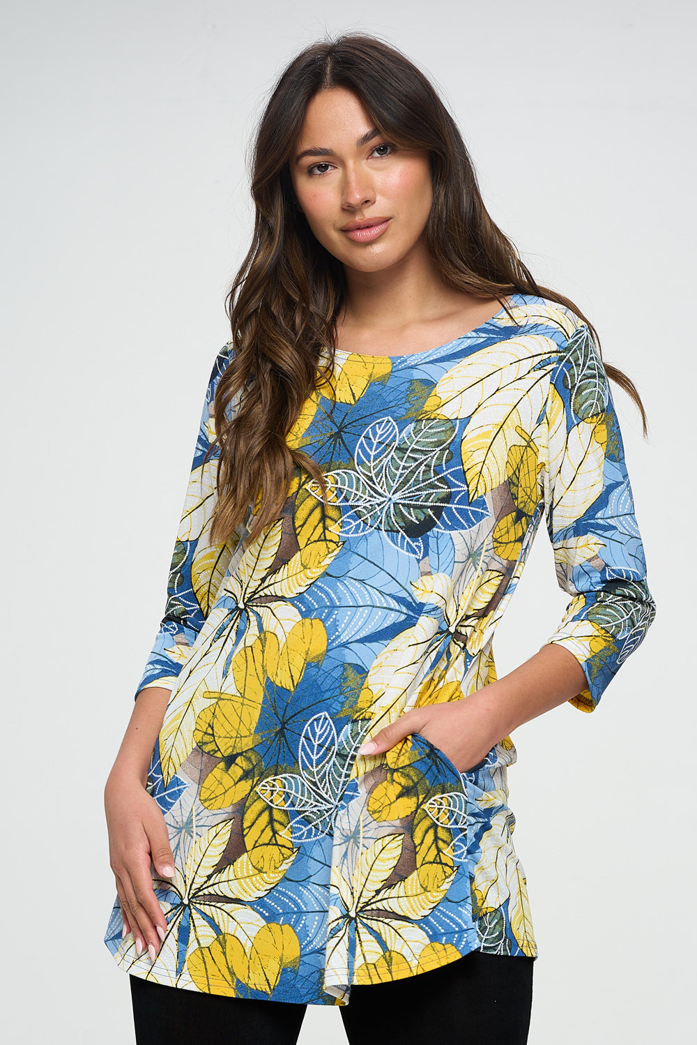 Earth Tone Blue and Yellow Flower Print Quarter Sleeve Top with Side Seam Pocketst-3086HT-QRP1-K-W359