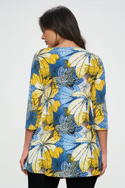 Earth Tone Blue and Yellow Flower Print Quarter Sleeve Top with Side Seam Pocketst-3086HT-QRP1-K-W359